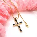 Elegant gold cross pendant necklace featuring black teardrop and clear zircon stones - Pendant Necklace Set / Black