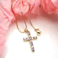 Close-up of gold-plated cross pendant featuring oval purple zircons on a box chain - Top And Bottom / Pendant with Necklace / Light Purple