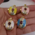 Detailed view of colorful enamel photo locket pendants with zircon inlays on hand - Pendant Only (Without Chain) / Yellow and Red