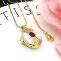 Exquisite copper gold-plated enamel locket pendant necklace with red gemstone and zircon details - Necklace Set / White and Red