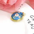 Exquisite blue enamel locket pendant featuring white floral design with gold plating - Pendant Only (No Chain) / Blue