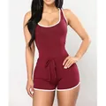 Elegant wine red one-piece romper featuring white contrast trim and drawstring waist - 3XL / Set / Burgundy
