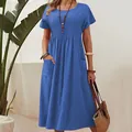 Detail of a blue cotton linen maxi dress featuring a pleated front and practical pockets. - 3XL / Dresses / Blue