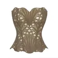 Detailed view of vintage court corset with intricate lace hollow-out design and mesh - M / Tops / Khaki