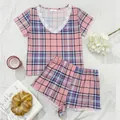 Completo pigiama scozzese rosa da donna con top con scollo a V in pizzo e pantaloncini estivi - Taglia S / Sopra e Sotto (NNS40-Pink)