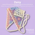 French style crochet floral triangle headband in beige blue pink purple daisy color - One Size / Checkered Daisy Pattern / Pale Blue