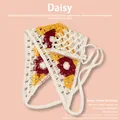 Hand-knitted floral crochet triangle headscarf in beige and red daisy pattern - One Size / Checkered Daisy Pattern / Red Yellow
