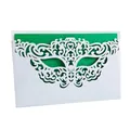 Close-up detail of laser-cut masquerade mask party invitation card with green insert - Set with Dark Green Inner Card / White