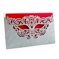 Detailed view of silver glitter laser-cut mask invitation card with red insert - Set with Bright Red Inner Card / Glitter Silver
