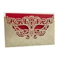 Detailed view of gold glitter laser-cut masquerade mask invitation card with red insert - Set with Bright Red Inner Card / Light Gold Glitter