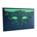 Detail view of laser-cut masquerade mask pattern on glitter paper invitation card - Set with Dark Green Inner Card / Ink Blue