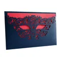 Close-up of elegant European party invitation card with detailed laser-cut mask design - Set with Bright Red Inner Card / Ink Blue