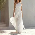 Full view detail of an elegant white one-shoulder ruffled tiered maxi dress for summer - S / Dresses / White