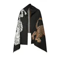 Detail view of grey jacquard scarf with large tiger and leopard animal patterns. - Tiger & Leopard Jacquard Style / 190x65cm / Black