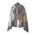 Gray jacquard shawl featuring artistic tiger and leopard animal motifs - Tiger & Leopard Jacquard Style / 190x65cm / Dark Gray