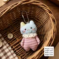 Cute plush cat keychain charm with pink stripes and lace collar accessory - Striped Fabric Cat (Blue)