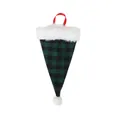 Green buffalo plaid Christmas cutlery holder sleeve with white fur trim and hanging loop - Green and Black Plaid