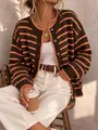 Schicke braun und orange gestreifte Strickjacke mit Rundhalsausschnitt für Damen, Herbstmode - S / Oberteile / Kaffeebraun