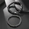Handmade men's bracelet set with 8mm matte black beads and hematite cube charm - 2 Pcs Set Matte Black Faceted Metal Beads