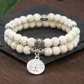 Pulsera de doble hilera de cuentas de howlita blanca con dije Árbol de la Vida - Estilo Doble Capa Turquesa Blanca Árbol de la Vida (ZJ14044)
