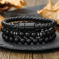Men's black matte stone beads and braided leather magnetic bracelet set for daily wear - Triple Black Magnet Clasp Set (ZJ12996)