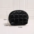 Glossy quilted black semi-circle cosmetic bag with zipper, 12.5cm width, weight 41g - Small Semi-circle Bag / Black