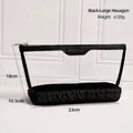Large black quilted cosmetic storage bag with transparent panel and clear size markers - Large Hexagon Bag / Black