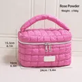 Professional glossy rose pink quilted bucket makeup bag with handle and dual zipper closure - Barrel Bag / Rose Pink