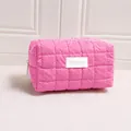 Rose pink glossy checkered quilted makeup organizer bag, size 20x11x12.5cm, weight 61g - Pillow Bag / Rose Pink
