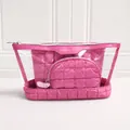 Glossy rose pink 3-piece quilted makeup bag set with transparent large capacity tote - Three-Piece Set / Rose Pink