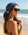 Navy blue 70cm polka dot silk scarf styled as a chic summer beach headscarf for women - 70*70cm / Navy Blue Polka Dot