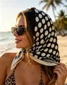 Stylish black and white polka dot silk headscarf for women worn on a beautiful sunny beach - 70*70cm / White Dot