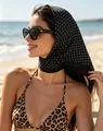 Classic black silk headscarf with white polka dots for a stylish beach vacation look - 70*70cm / Black Polka Dot