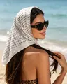 Stylish white silk scarf with black polka dots worn as a chic headscarf at the beach - 70*70cm / White Small Dots