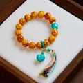 Retro ethnic style 12mm yellow bead bracelet with turquoise heart pendant and tassel - Peach Heart Tassel Style (Version B) / 12mm Bead Diameter / Yellow