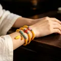 Handmade ethnic style yellow agate and green bead bracelet set for women, retro design - Wealth Leaf Style / 6mm Beads Three Loops / Bright yellow