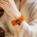 Vintage orange agate bead wrap bracelet with lotus pod charm and Dzi bead - Lotus Pod Pendant (Good Luck) / Triple Wrap (8mm Abacus Beads)