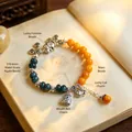 Ethnic style agate beaded bracelet with lucky elephant and cat charms in retro finish - Auspicious Elephant & Fortune Cat Style / 8mm/5x8.6mm Bead Diameter / Mixed Moss Agate Color