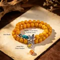Vintage ethnic style yellow agate double-strand bracelet with butterfly and Zhajilamu pendant - Double Loop Butterfly Zhajilamu Style / 8mm Bead Diameter / Bright yellow