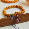 Vintage ethnic style bead bracelet with Zahi Lhamo deity pendant for men and women - Leather Pendant Zhajilamu Style / Amber