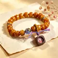 Retro ethnic style beaded bracelet with ox bone beads and fox pendant - Leather Pendant Nine-Tailed Fox Style / 9.5x6.6mm Barrel Bead/13.4mm Pendant / Bright Orange Yellow