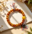 Vintage ethnic style ox bone beaded bracelet with golden toad charm and tassels - Cow Bone: Three-legged Toad Round Plate Yellow Wealth God Bracelet