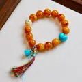 Retro ethnic style handmade bracelet featuring 12mm amber beads and heart turquoise charm. - Style A: Star Moon Heart Lotus Seed Pod Colorful Cotton Tassel Bracelet