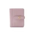 Close-up of stylish pink PU leather short wallet featuring a decorative gold leaf buckle - Pink