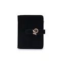 Close-up of minimalist black PU leather short wallet with golden leaf snap buckle - Black