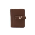 Detailed view of a brown PU leather wallet featuring a decorative metal leaf buckle. - Brown