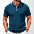 Men's business casual short sleeve knit Polo shirt with textured chevron stripes - M / Tops / Sapphire Blue