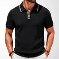 Elegant men's black short-sleeved knitted polo shirt featuring chevron texture and striped collar - M / Tops / Black