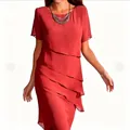 Elegant red summer slim chiffon dress featuring tiered layered skirt and round neck - Red