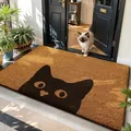 Natural coir entrance doormat with cute black cat peering face design for home - Peekaboo Cat / 45*75cm (ai-2 Pieces Set) / Brown